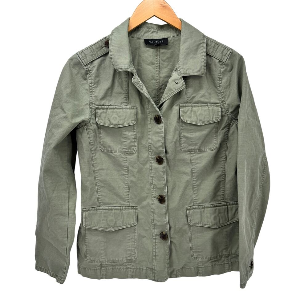 Talbots Field Shacket Womens Medium Green Button Up 4 Pocket Coastal Cotton